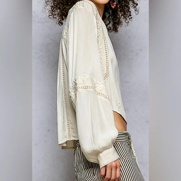 NWT POL Boho Festival Balloon Sleeve Crinkle Woven Peasant Blouse Top Shirt - Picture 10 of 11